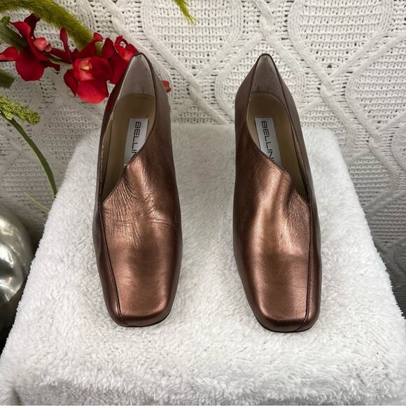 NWT VTG BELLINI Copper Asymmetric 90s Metallic Leather Spool Block Heels Sz 8.5 - Picture 4 of 8